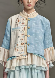 New Colorblock Ruffled Print Patchwork Cotton Coats Butterfly Sleeve