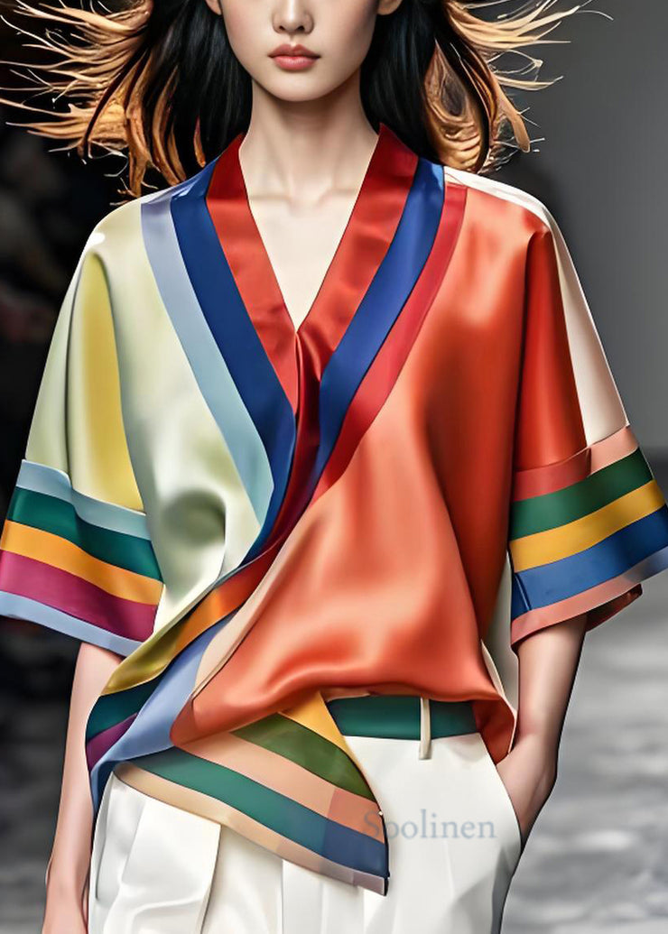 New Colorblock V Neck Asymmetrical Design Silk Shirt Summer