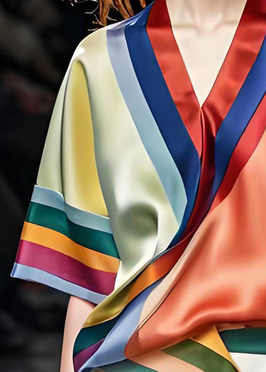New Colorblock V Neck Asymmetrical Design Silk Shirt Summer