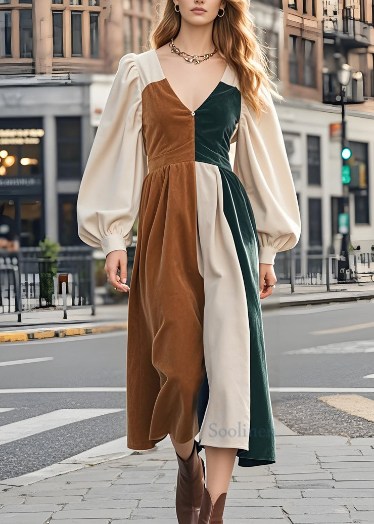 New Colorblock V Neck Patchwork Corduroy Long Dresses Lantern Sleeve