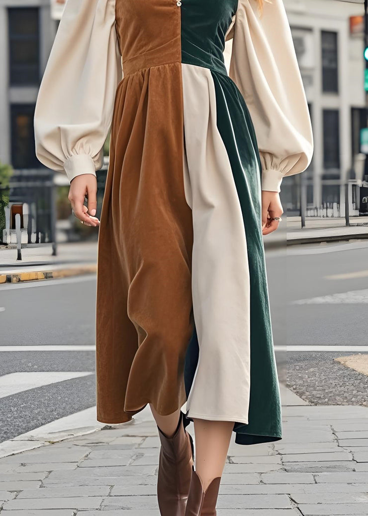 New Colorblock V Neck Patchwork Corduroy Long Dresses Lantern Sleeve