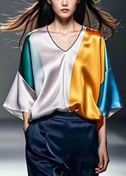 New Colorblock V Neck Patchwork Silk Shirt Bracelet Sleeve