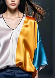 New Colorblock V Neck Patchwork Silk Shirt Bracelet Sleeve