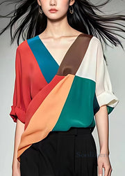 New Colorblock V Neck Patchwork Silk Shirts Half Sleeve