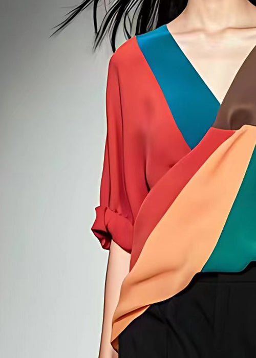 New Colorblock V Neck Patchwork Silk Shirts Half Sleeve