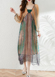 New Colorblock V Neck Print Silk Dresses Long Sleeve
