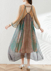 New Colorblock V Neck Print Silk Dresses Long Sleeve