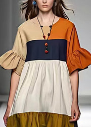 New Colorblock Wrinkled Patchwork Cotton Dresses Half Sleeve