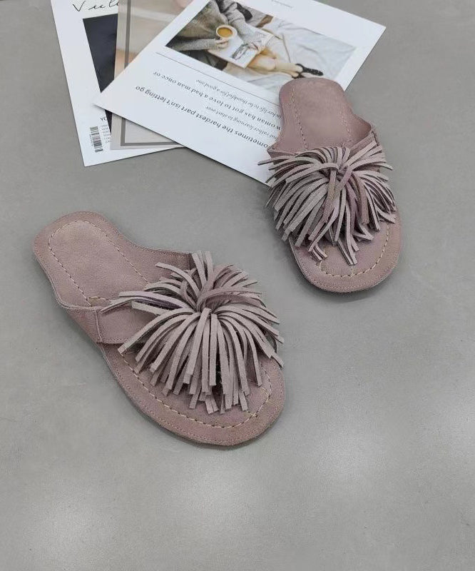 New Comfy Pink Suede Tasseled Splicing Slide Sandals