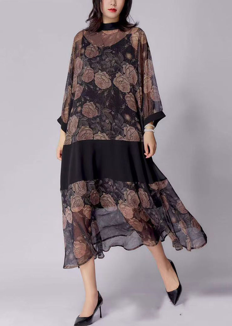 New Dark Brown Print Patchwork Chiffon Two Piece Set Spring