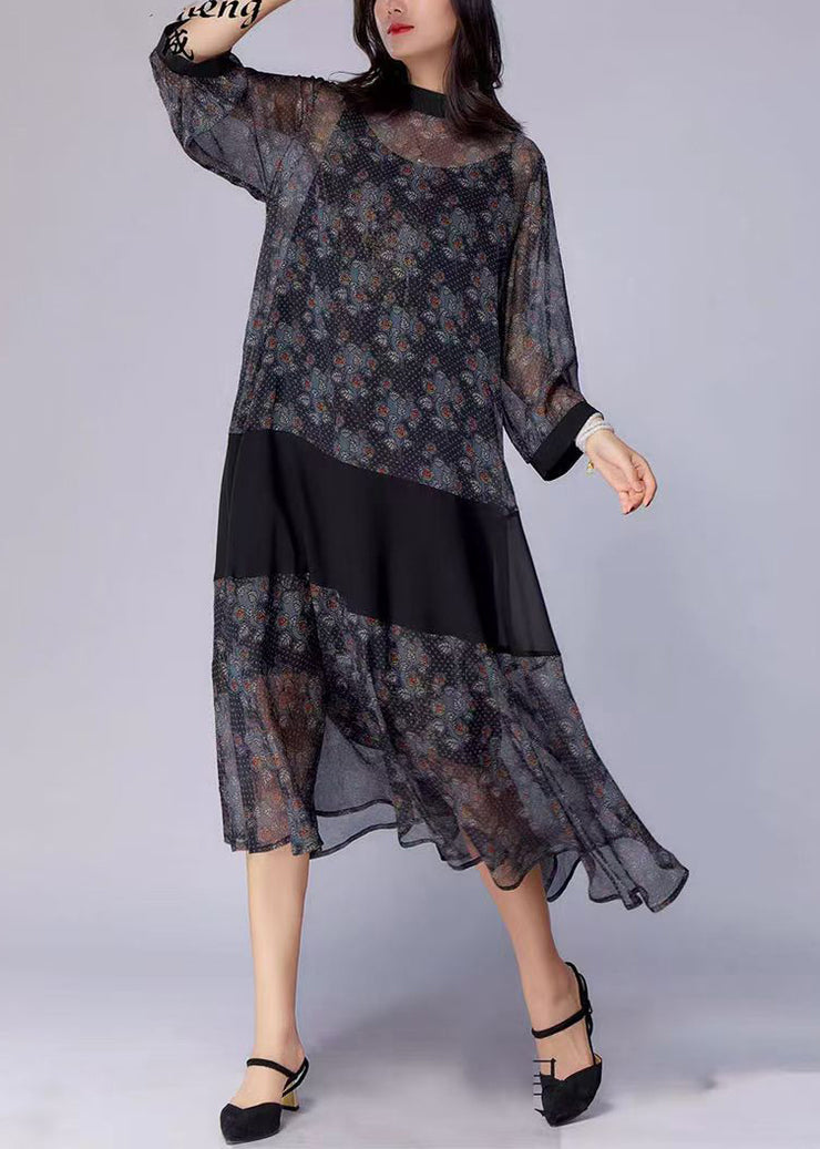 New Dark Brown Print Patchwork Chiffon Two Piece Set Spring