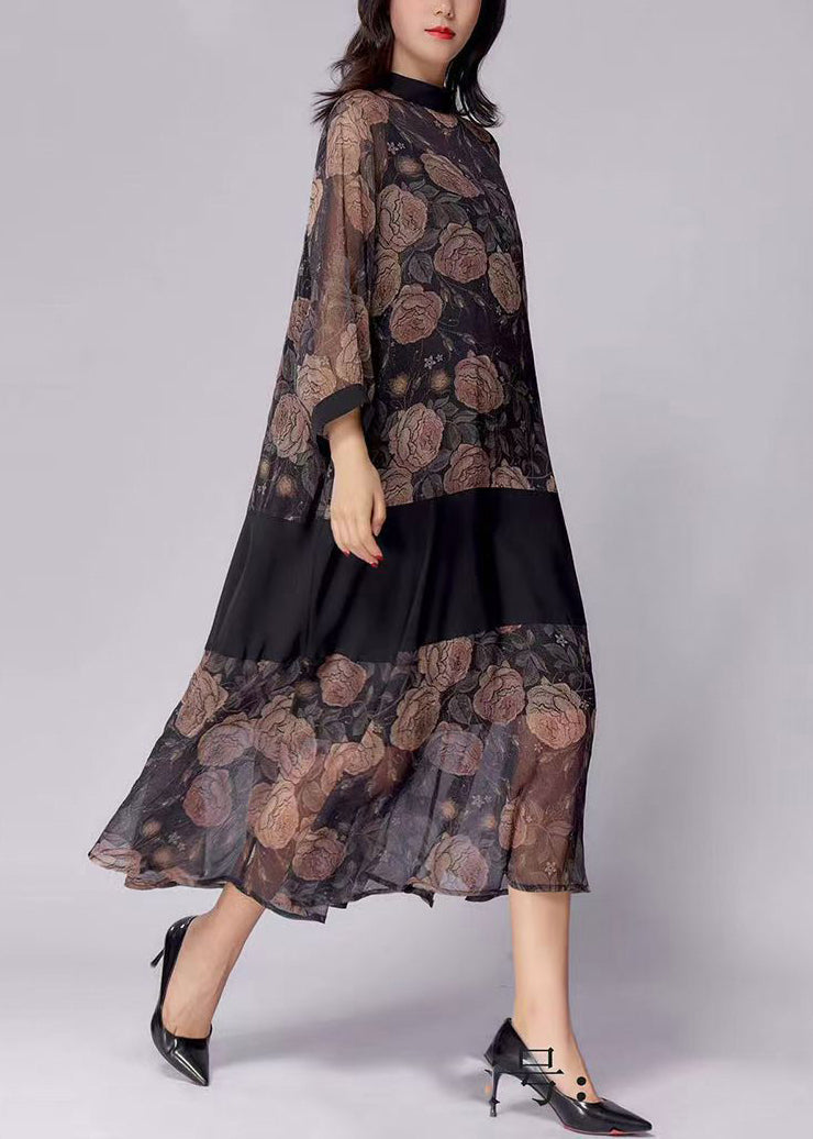 New Dark Brown Print Patchwork Chiffon Two Piece Set Spring