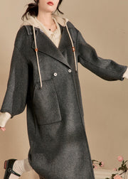 New Dark Gray Hooded Pockets Patchwork Woolen Coats Winter