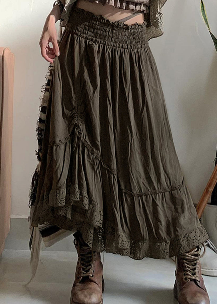 New Dark Gray Wrinkled Drawstring Lace Patchwork Skirts Fall