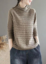 New Dark Khaki Turtleneck Patchwork Knitting Cotton Long Sleeve