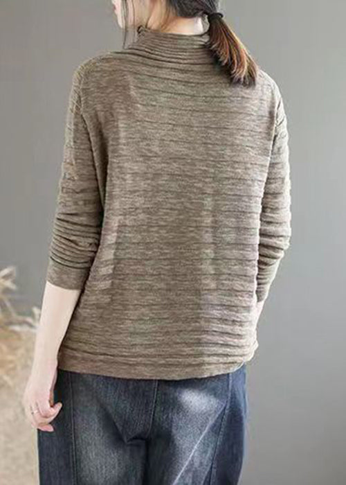 New Dark Khaki Turtleneck Patchwork Knitting Cotton Long Sleeve