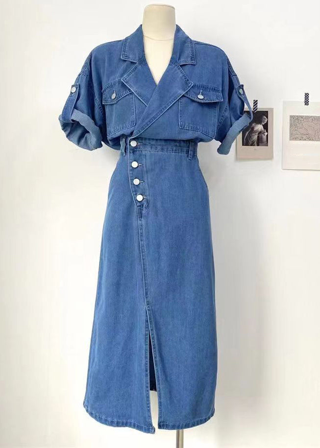 New Denim Blue Button Side Open Denim Dress Summer