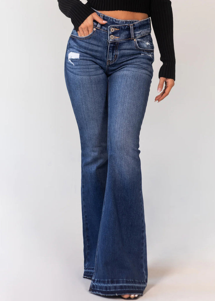 New Denim Blue Hole Pockets High Waist Flared Trousers Spring