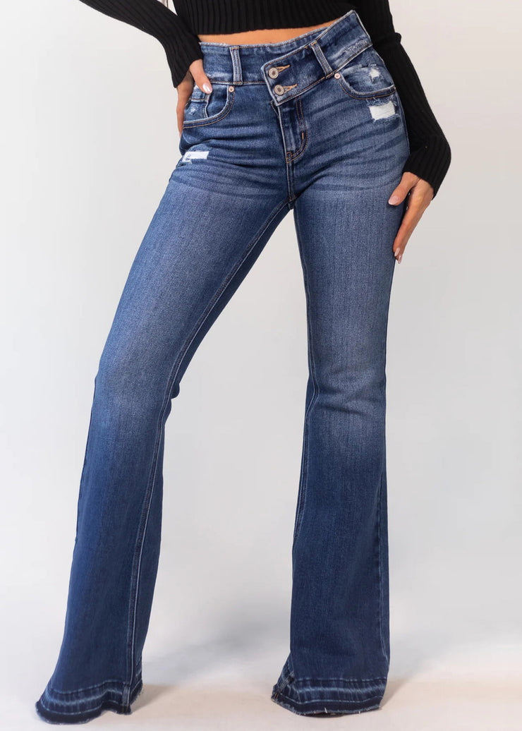 New Denim Blue Hole Pockets High Waist Flared Trousers Spring