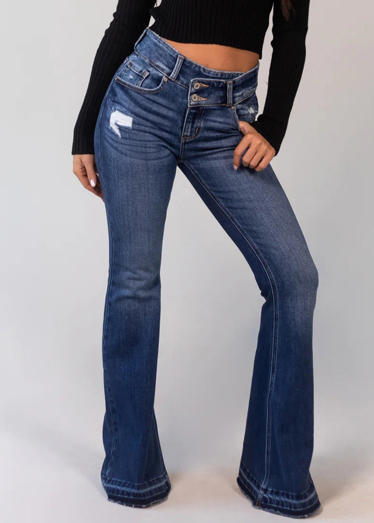 New Denim Blue Hole Pockets High Waist Flared Trousers Spring