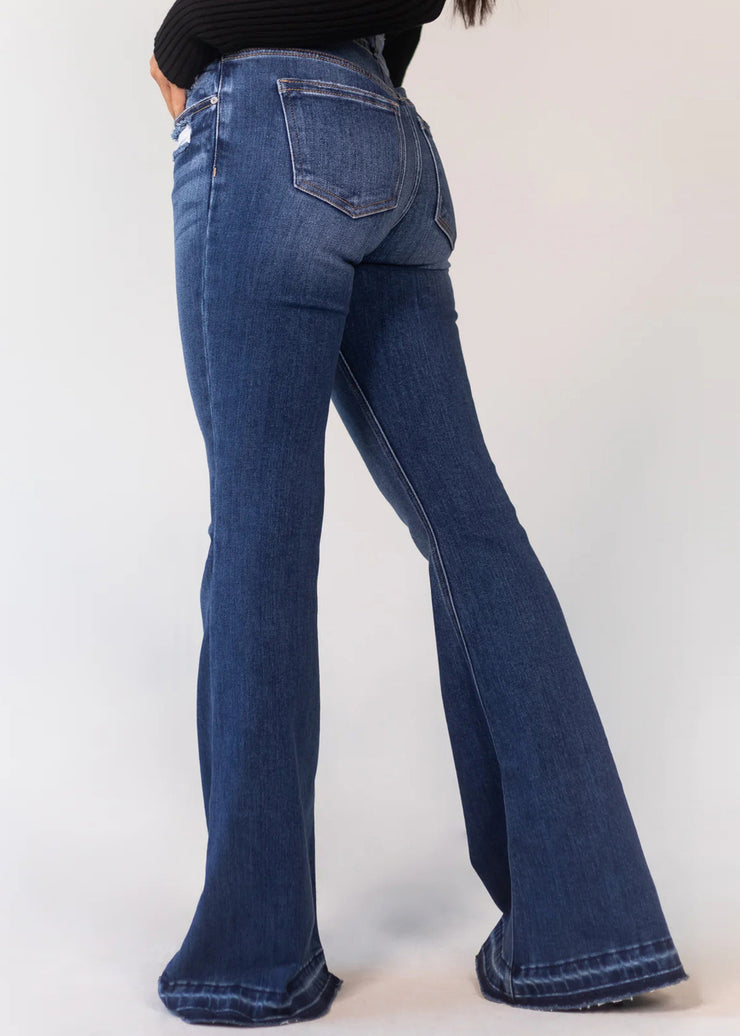 New Denim Blue Hole Pockets High Waist Flared Trousers Spring