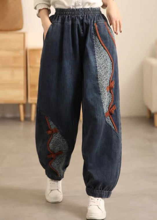 New Denim Blue Pockets Elastic Waist Patchwork Crop Pants Fall