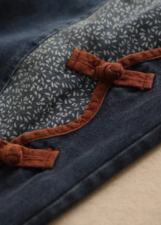 New Denim Blue Pockets Elastic Waist Patchwork Crop Pants Fall