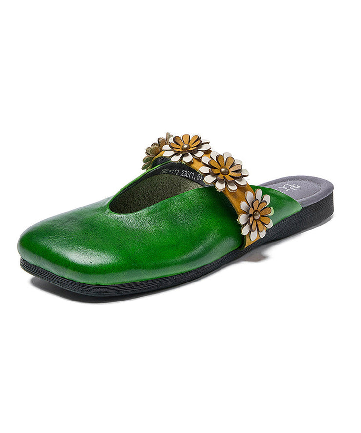 New Ethnic Style Green Floral Cowhide Leather Flats Slide Sandals