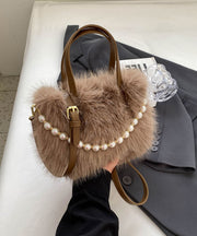 New Fashion Beige Pearl Fuzzy Fur Fluffy Square Crossbody Bag