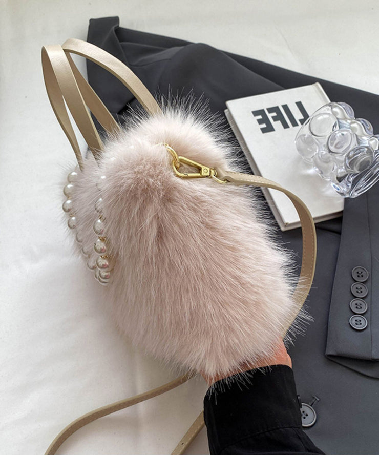 New Fashion Beige Pearl Fuzzy Fur Fluffy Square Crossbody Bag