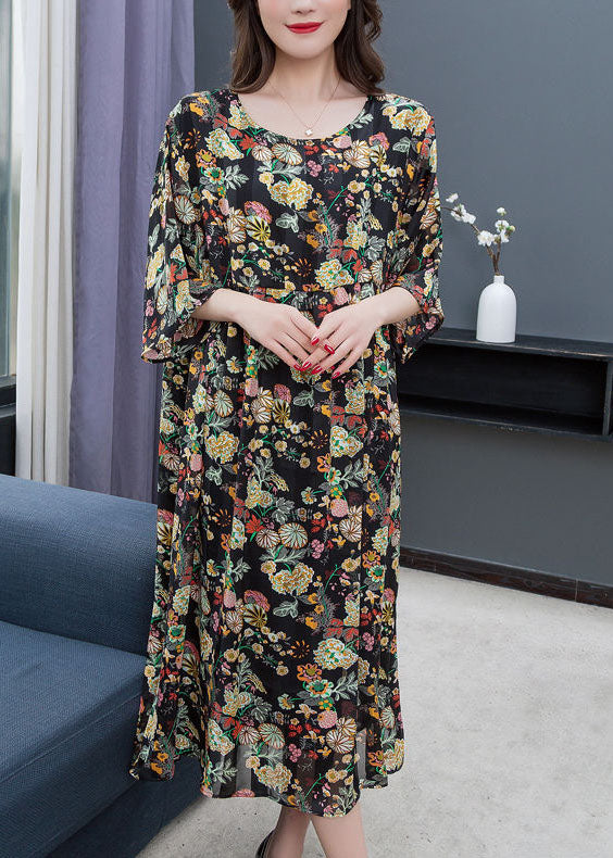 New Floral O Neck Wrinkled Patchwork Chiffon Dress Summer