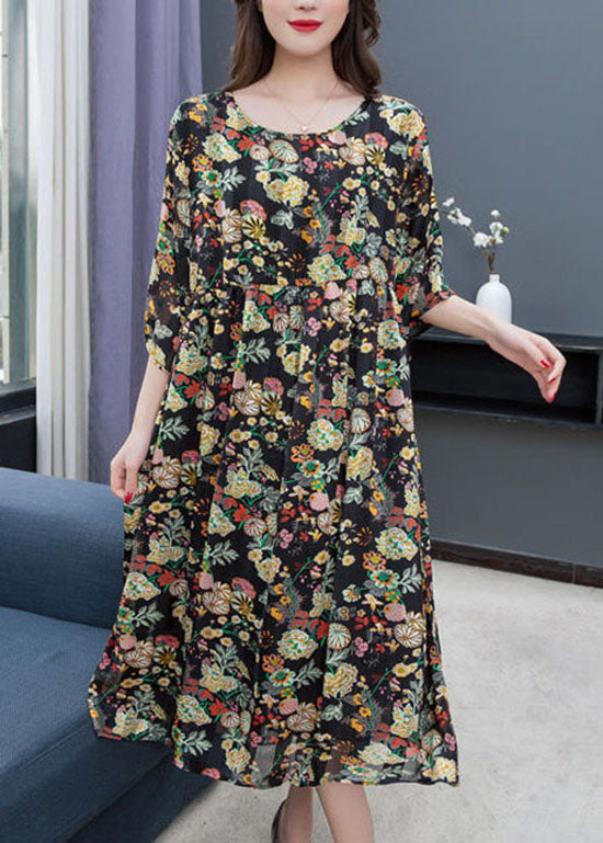 New Floral O Neck Wrinkled Patchwork Chiffon Dress Summer