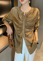 New Gold Button Wrinkled Patchwork Silk Shirt Tops Fall