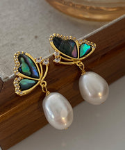 New Gold Sterling Silver Overgild Pearl Butterfly Drop Earrings