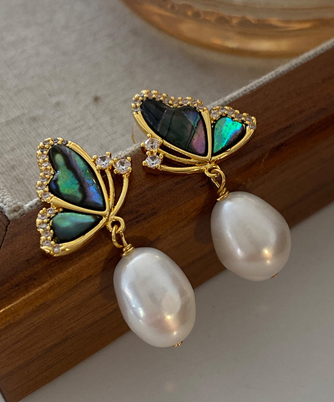 New Gold Sterling Silver Overgild Pearl Butterfly Drop Earrings