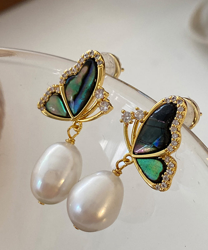 New Gold Sterling Silver Overgild Pearl Butterfly Drop Earrings