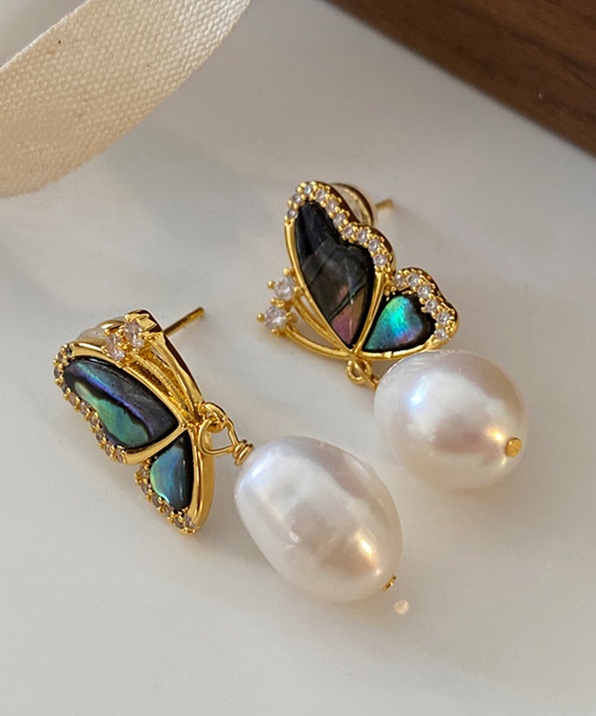 New Gold Sterling Silver Overgild Pearl Butterfly Drop Earrings