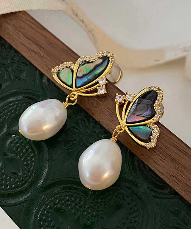 New Gold Sterling Silver Overgild Pearl Butterfly Drop Earrings