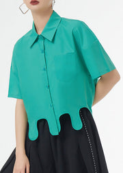 New Green Asymmetrical Button Patchwork Cotton Blouse Top Short Sleeve