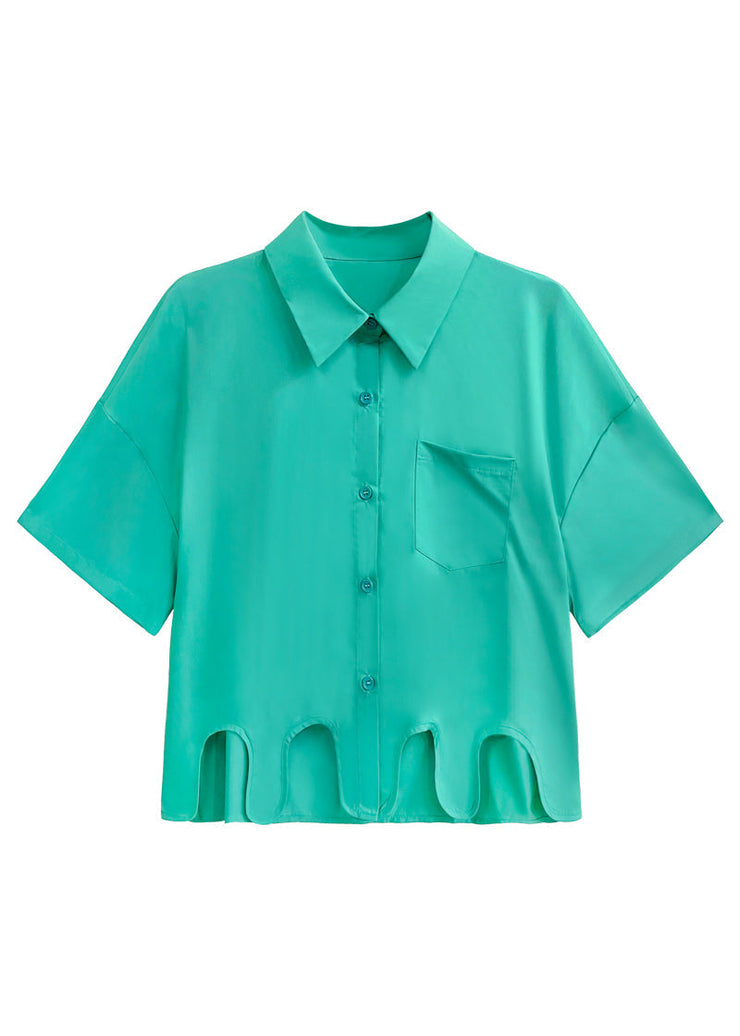 New Green Asymmetrical Button Patchwork Cotton Blouse Top Short Sleeve