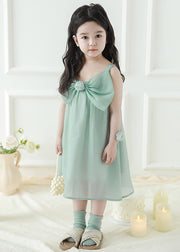 New Green Bow Solid Girls Spaghetti Strap Dress Sleeveless