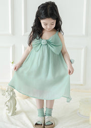 New Green Bow Solid Girls Spaghetti Strap Dress Sleeveless