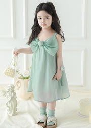 New Green Bow Solid Girls Spaghetti Strap Dress Sleeveless