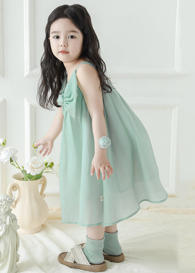 New Green Bow Solid Girls Spaghetti Strap Dress Sleeveless