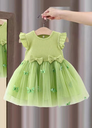 New Green Bow Tulle Patchwork Girls Dress Summer