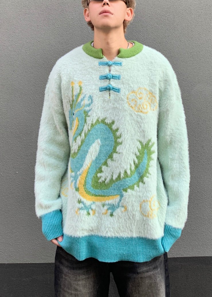 New Green Button Dragon Patchwork Mink Velvet Mens Sweaters Spring