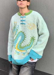 New Green Button Dragon Patchwork Mink Velvet Mens Sweaters Spring