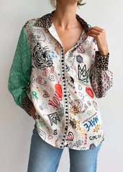 New Green Button Print Patchwork Cotton Blouses Spring