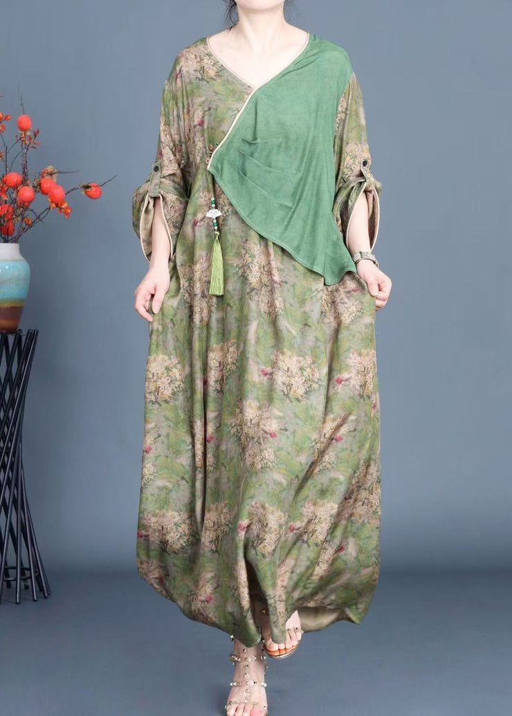 New Green Button Print Patchwork Silk Dresses Fall