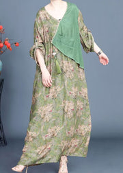 New Green Button Print Patchwork Silk Dresses Fall